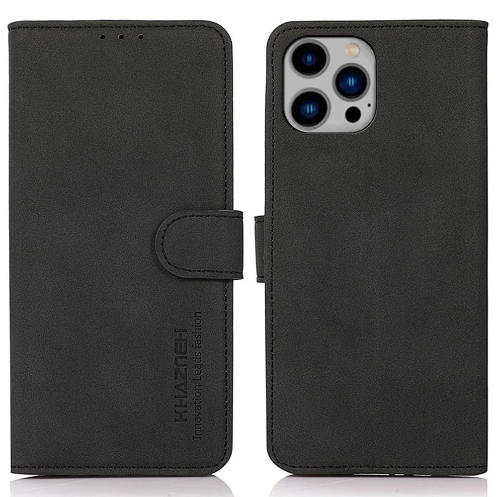 KHAZNEH For iPhone 16 Pro Magnetic Case Texture Leather Soft Touch Mobile Phone Cover - Black - 1