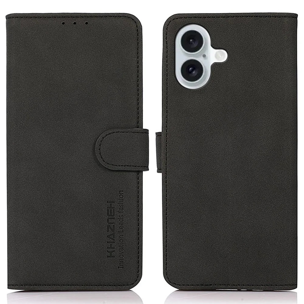 KHAZNEH For iPhone 16 Case Texture PU Leather Folding Stand Phone Cover - Black - 1