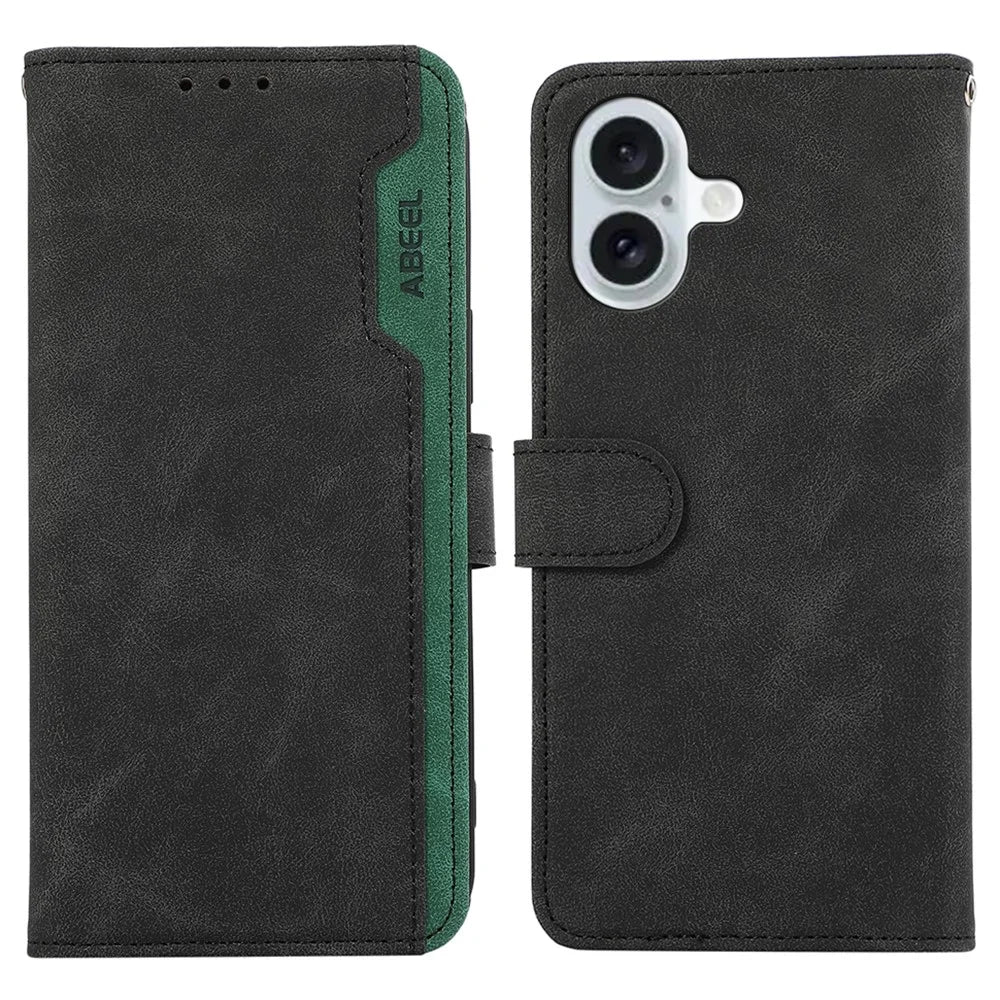 ABEEL For iPhone 16 Case Color Splicing Leather Flip Phone Cover RFID Blocking - Black - 1