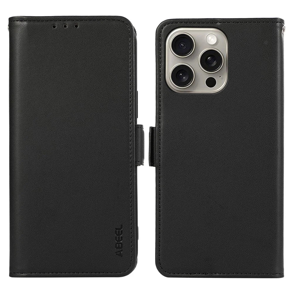 ABEEL For iPhone 16 Pro Max Leather Case RFID Blocking Wallet Stand Phone Cover - Black - 1