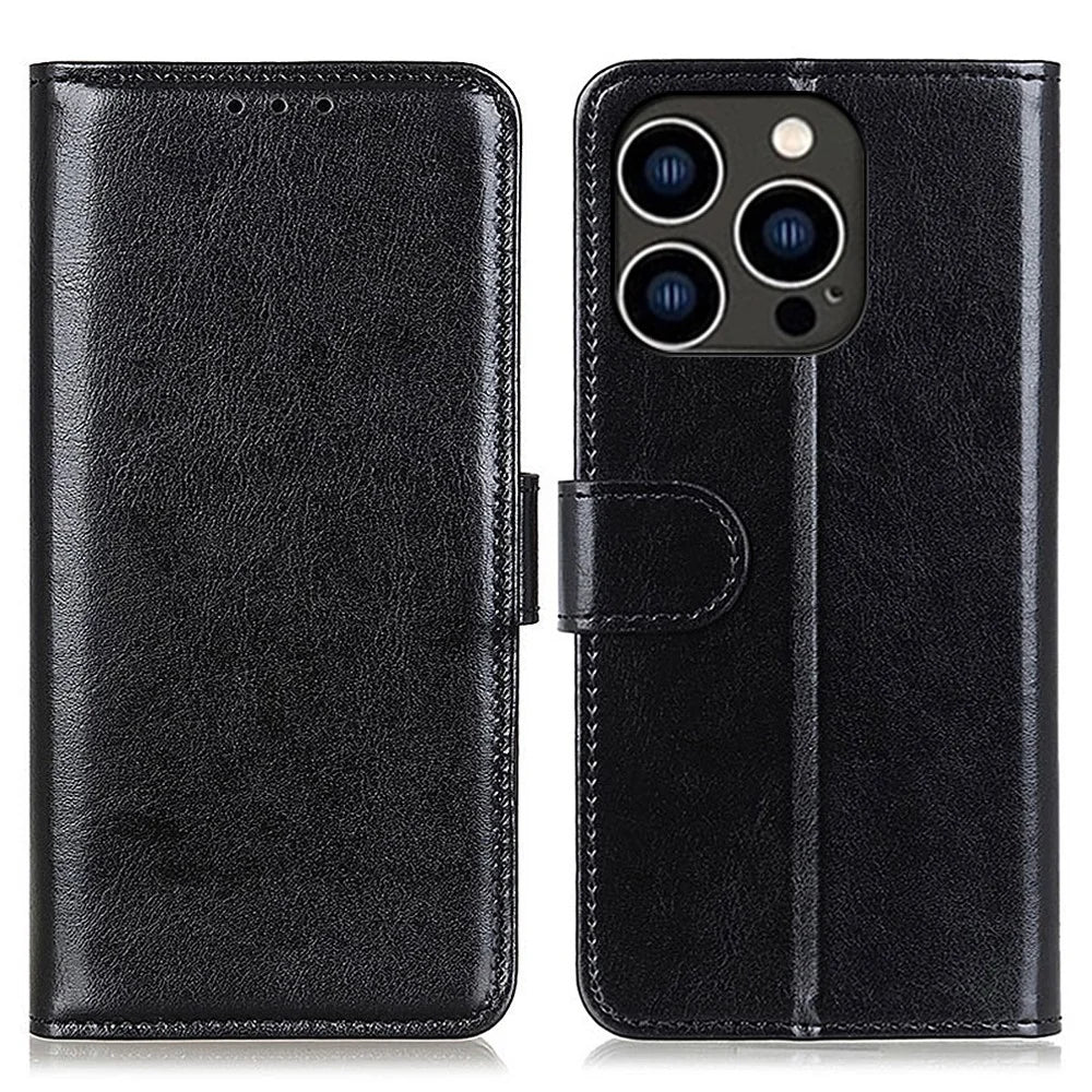 For iPhone 16 Pro Max Wallet Case Crazy Horse Texture Leather Phone Cover - Black - 1