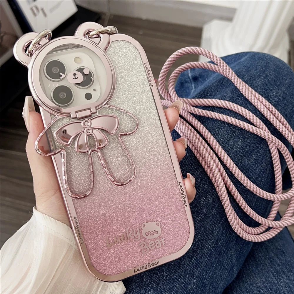 Electroplating Phone Case for iPhone 14 Pro   TPU Cover with PC Kickstand+Strap - Pink - 1