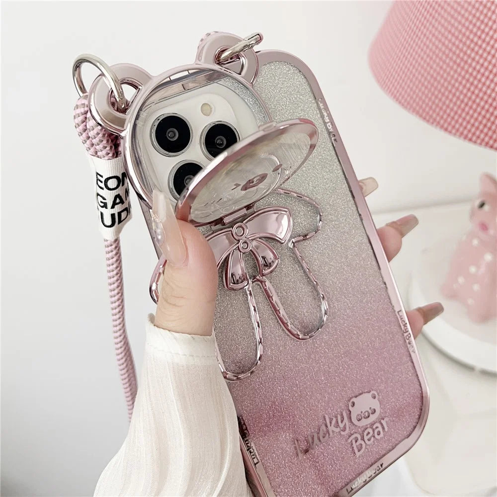 For iPhone 15 Pro Phone Case Electroplated TPU Cover with PC Kickstand+Long Strap - Pink - 2