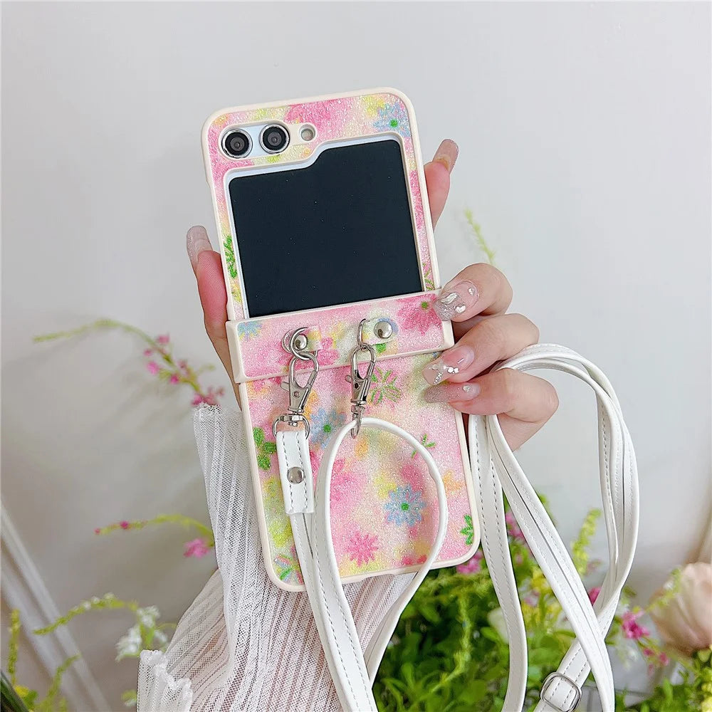 For Samsung Galaxy Z Flip5 5G PC Case Glittery Powder Flower Pattern Phone Protective Cover with White Strap - Pink - 2