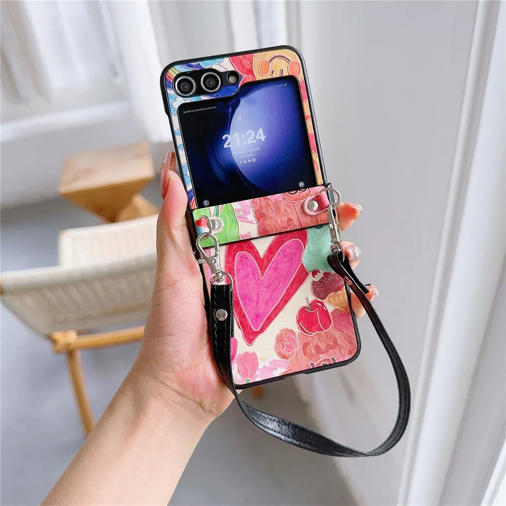 For Samsung Galaxy Z Flip5 5G Case Lacquered Heart PU Leather+PC Phone Cover with 2 Straps - Big Heart - 2