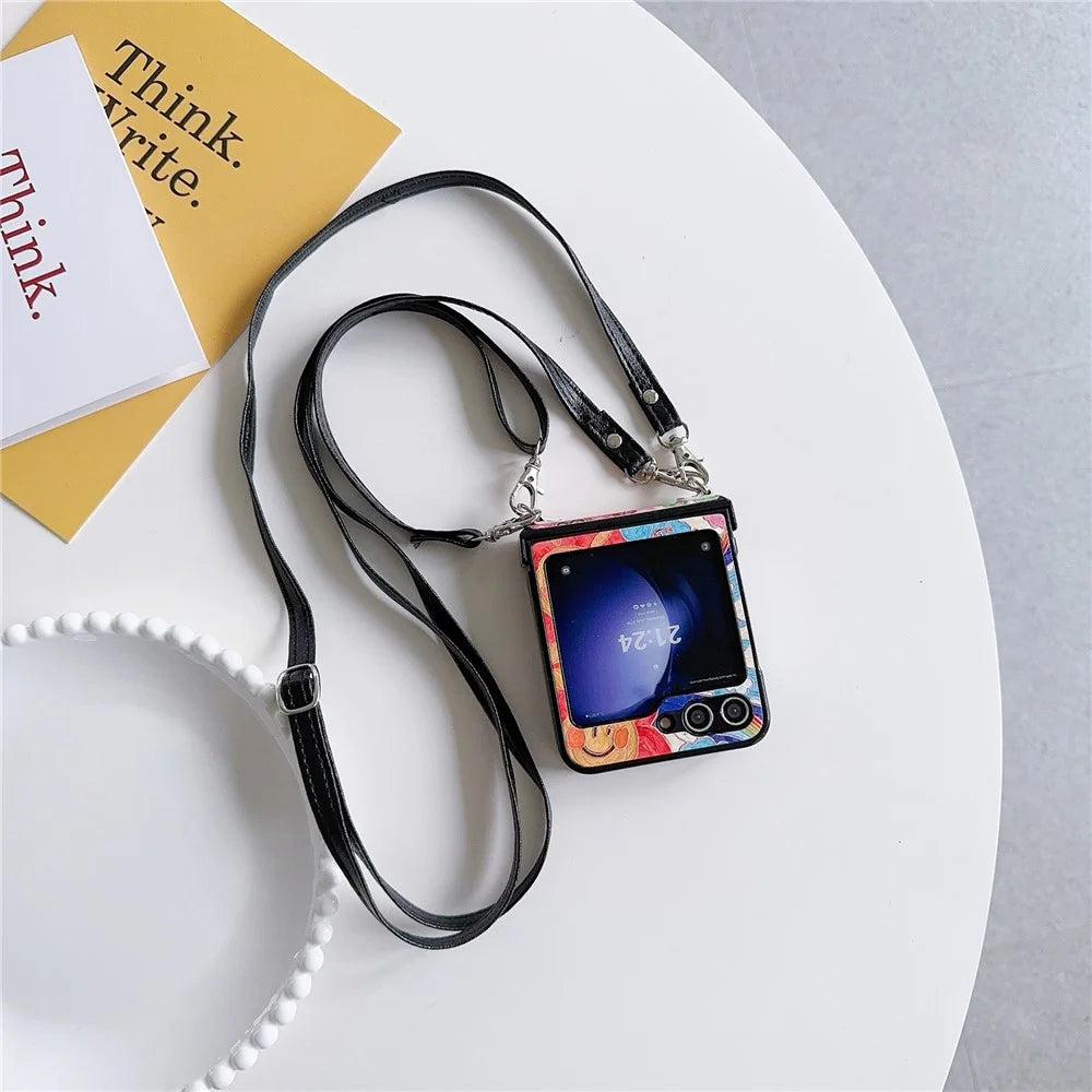 For Samsung Galaxy Z Flip5 5G Case Lacquered Heart PU Leather+PC Phone Cover with 2 Straps - Big Heart - 3