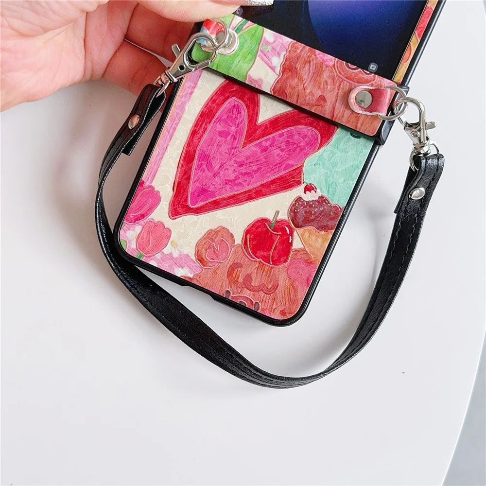 For Samsung Galaxy Z Flip5 5G Case Lacquered Heart PU Leather+PC Phone Cover with 2 Straps - Big Heart - 4