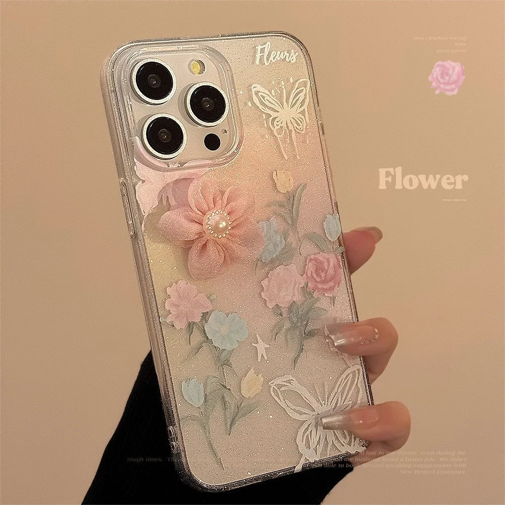 For iPhone 15 Pro Max Case 3D Flower Decor Glitter Design Soft TPU Phone Cover - 2