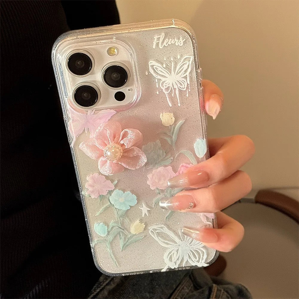 For iPhone 15 Pro Max Case 3D Flower Decor Glitter Design Soft TPU Phone Cover - 5