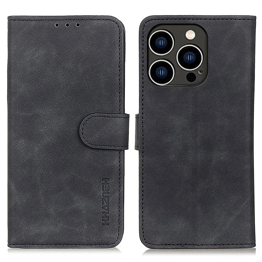 KHAZNEH For iPhone 16 Pro Wallet Case Retro PU Leather Flip Phone Cover - Black - 1