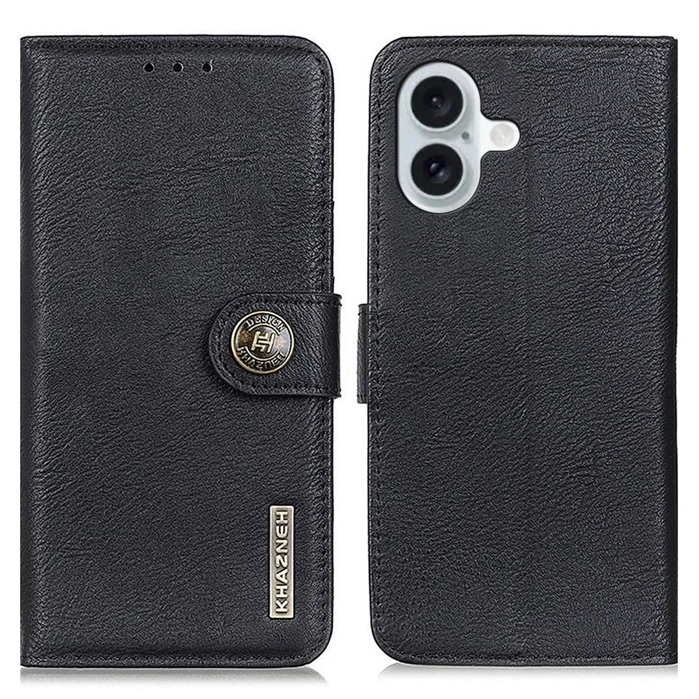 KHAZNEH For iPhone 16 Case Cowhide Texture Leather Phone Cover - Black - 1