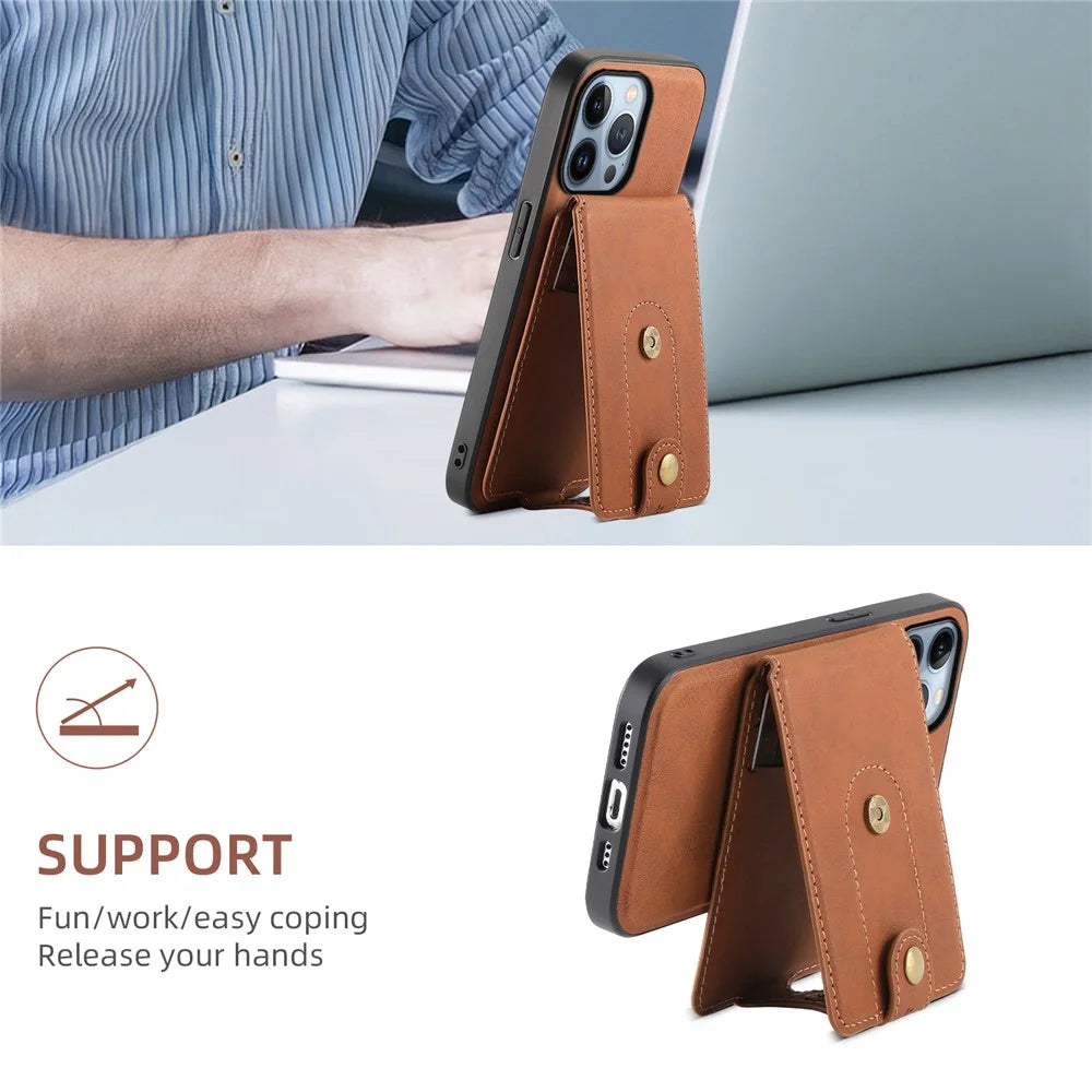 DENIOR D14 For iPhone 13 Pro Case Compatible with MagSafe Leather Kickstand Card Slots Back Cover - Brown - 7