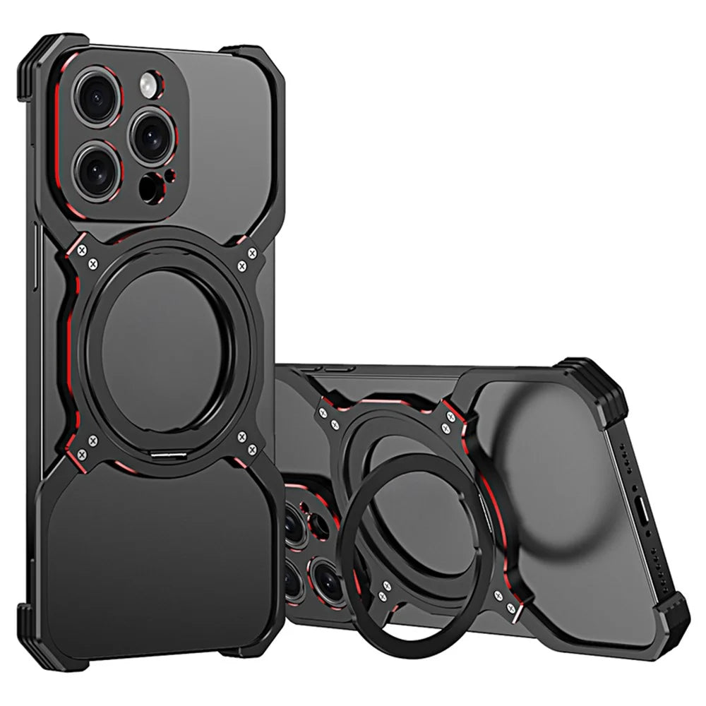 For iPhone 14 Pro Kickstand Case Frameless Metal Bumper Phone Cover Compatible with MagSafe - Black+Red - 1