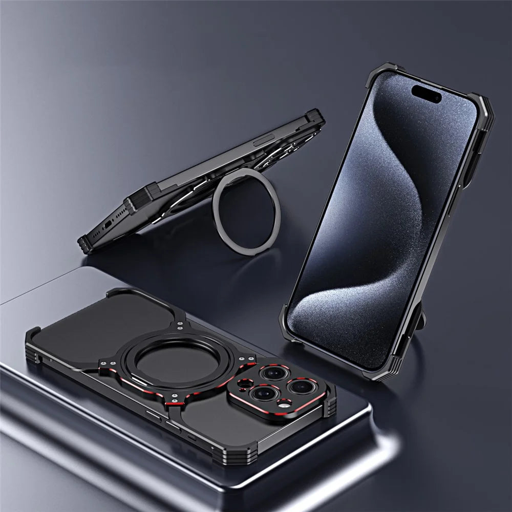 For iPhone 14 Pro Kickstand Case Frameless Metal Bumper Phone Cover Compatible with MagSafe - Black+Red - 2