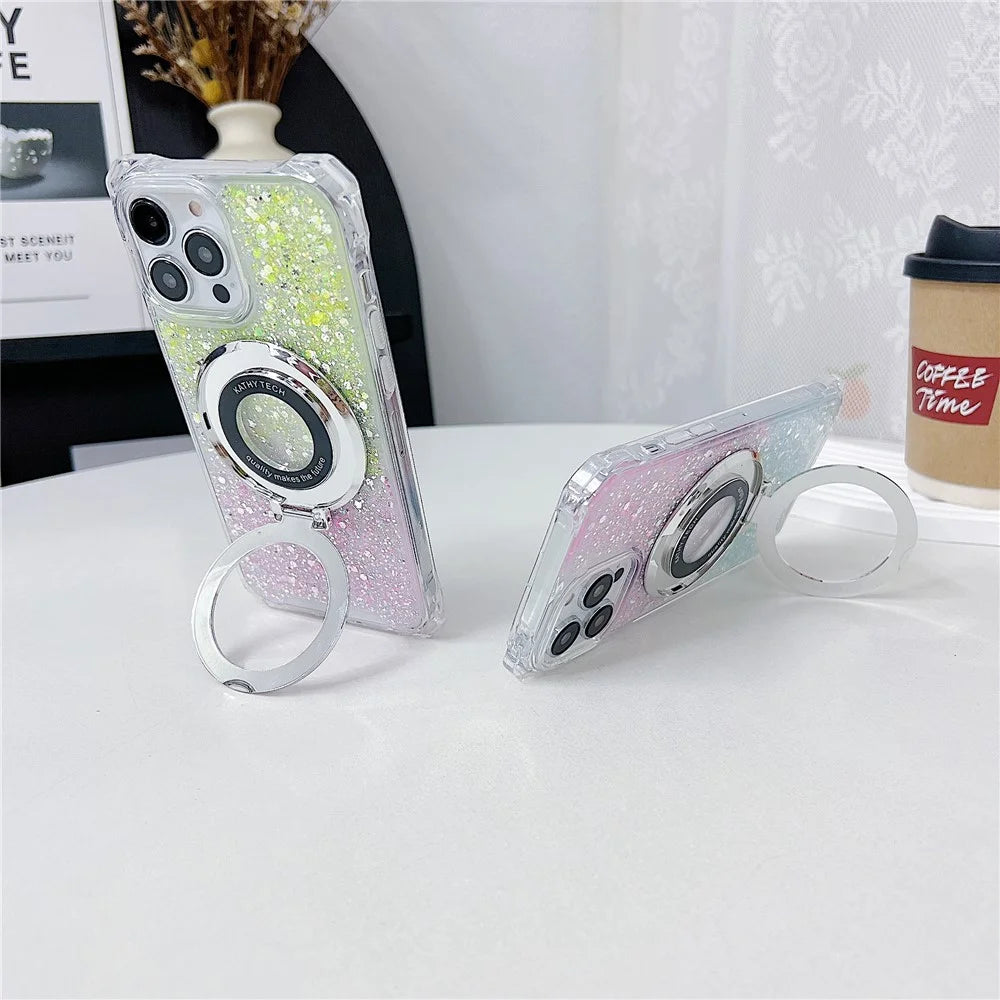 For iPhone 15 Pro Case TPU+Acrylic Gradient Magnetic Kickstand Anti-Fall Phone Cover - Pink+Green - 3