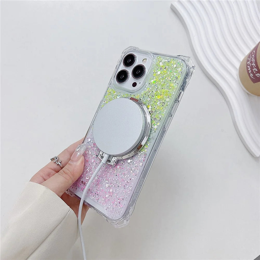 For iPhone 15 Pro Case TPU+Acrylic Gradient Magnetic Kickstand Anti-Fall Phone Cover - Pink+Green - 6