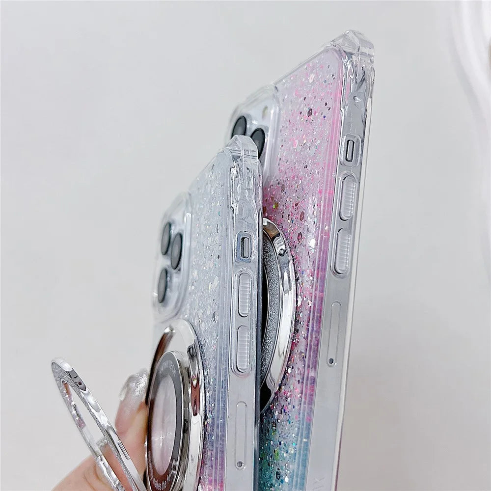 Phone Case for iPhone 14 Pro Gradient Color TPU+Acrylic Cover Compatible with MagSafe Ring Kickstand - Pink+Green - 4