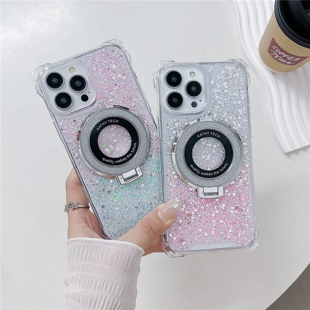 Phone Case for iPhone 14 Pro Gradient Color TPU+Acrylic Cover Compatible with MagSafe Ring Kickstand - Pink+Green - 7