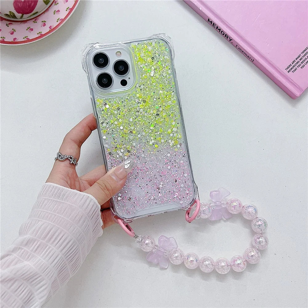 For iPhone 15 Pro Max Case TPU+Acrylic Thicken 4 Corners Phone Cover with Beaded Bracelet - Yellow+Pink - 2