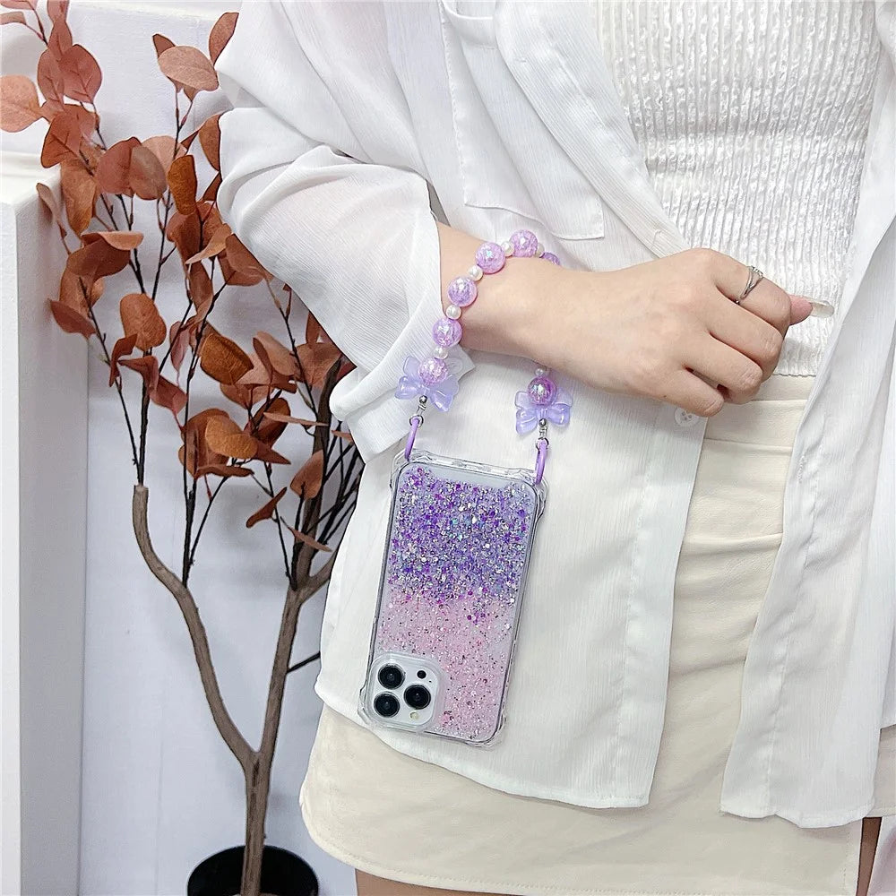 For iPhone 15 Pro Max Case TPU+Acrylic Thicken 4 Corners Phone Cover with Beaded Bracelet - Yellow+Pink - 5