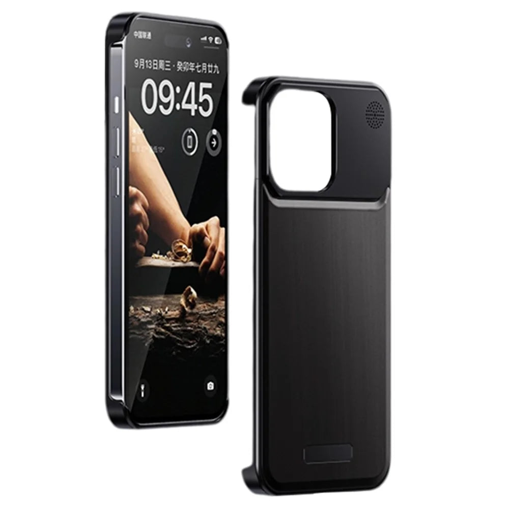 For iPhone 14 Pro Case Borderless Aluminium Alloy+Walnut Aromatherapy Phone Cover - Black Wood Texture - 1
