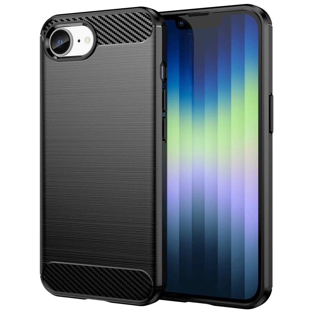 For iPhone 17e / 16e Case Carbon Fiber Texture Flexible TPU Brushed Phone Cover - Black - 1