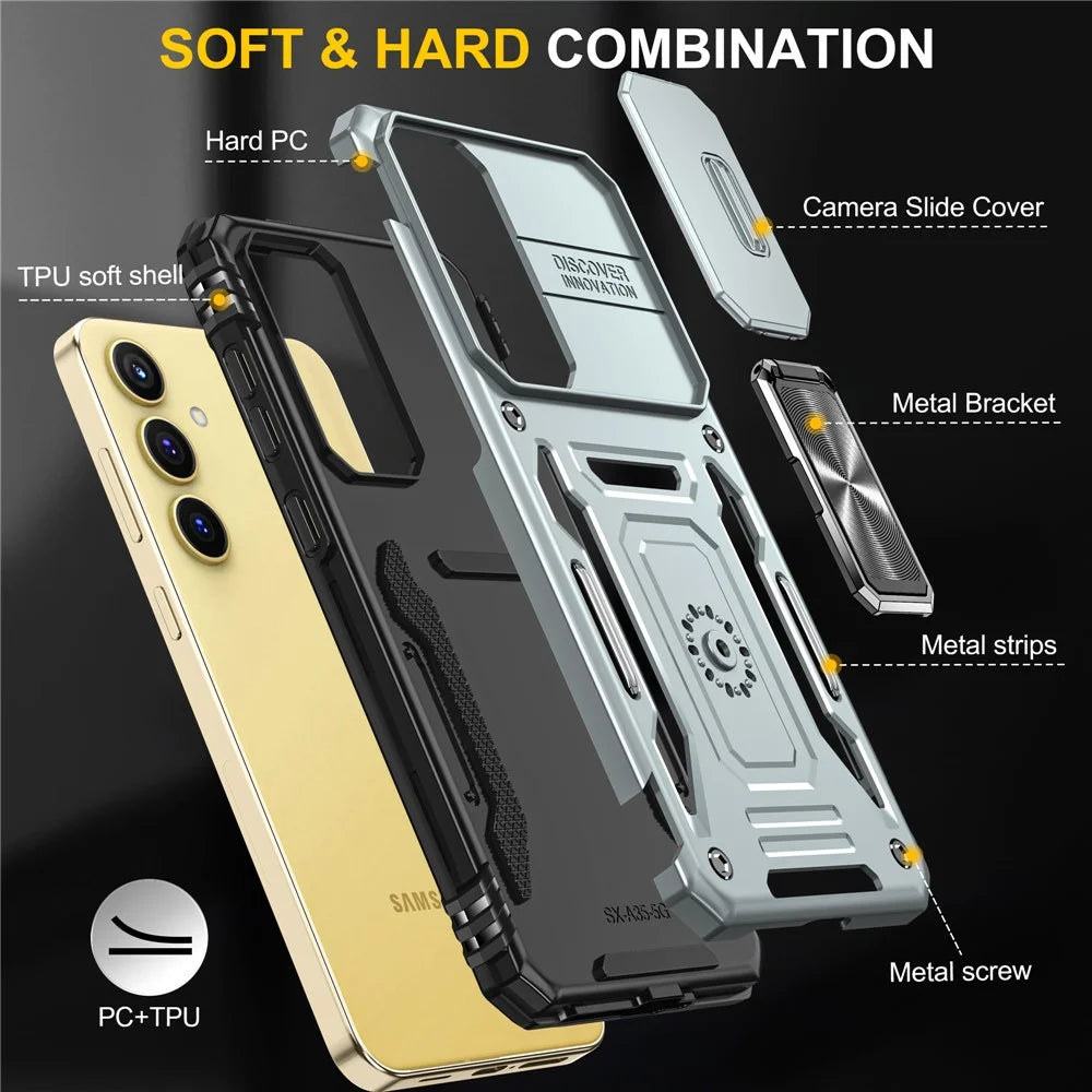 Armor Series For Samsung Galaxy A35 5G / A55 5G Kickstand Case Slide Lens Protection PC+TPU Phone Cover - Grey - 7
