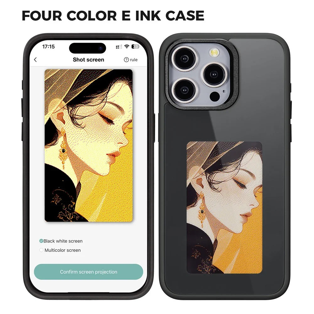 For iPhone 15 Pro Max Phone Case with E Ink Display 4-Color NFC DIY Phone Cover - Black - 1