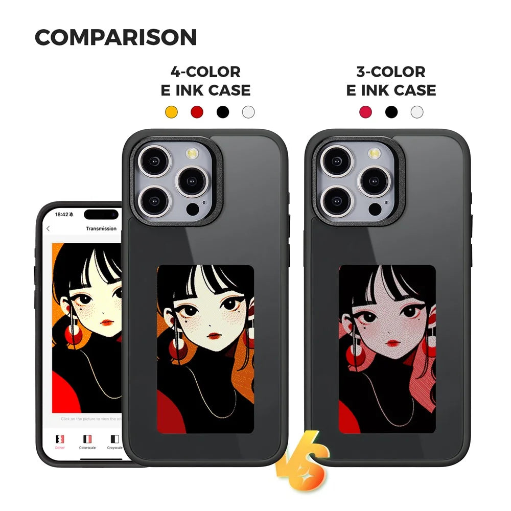 For iPhone 15 Pro Max Phone Case with E Ink Display 4-Color NFC DIY Phone Cover - Black - 2