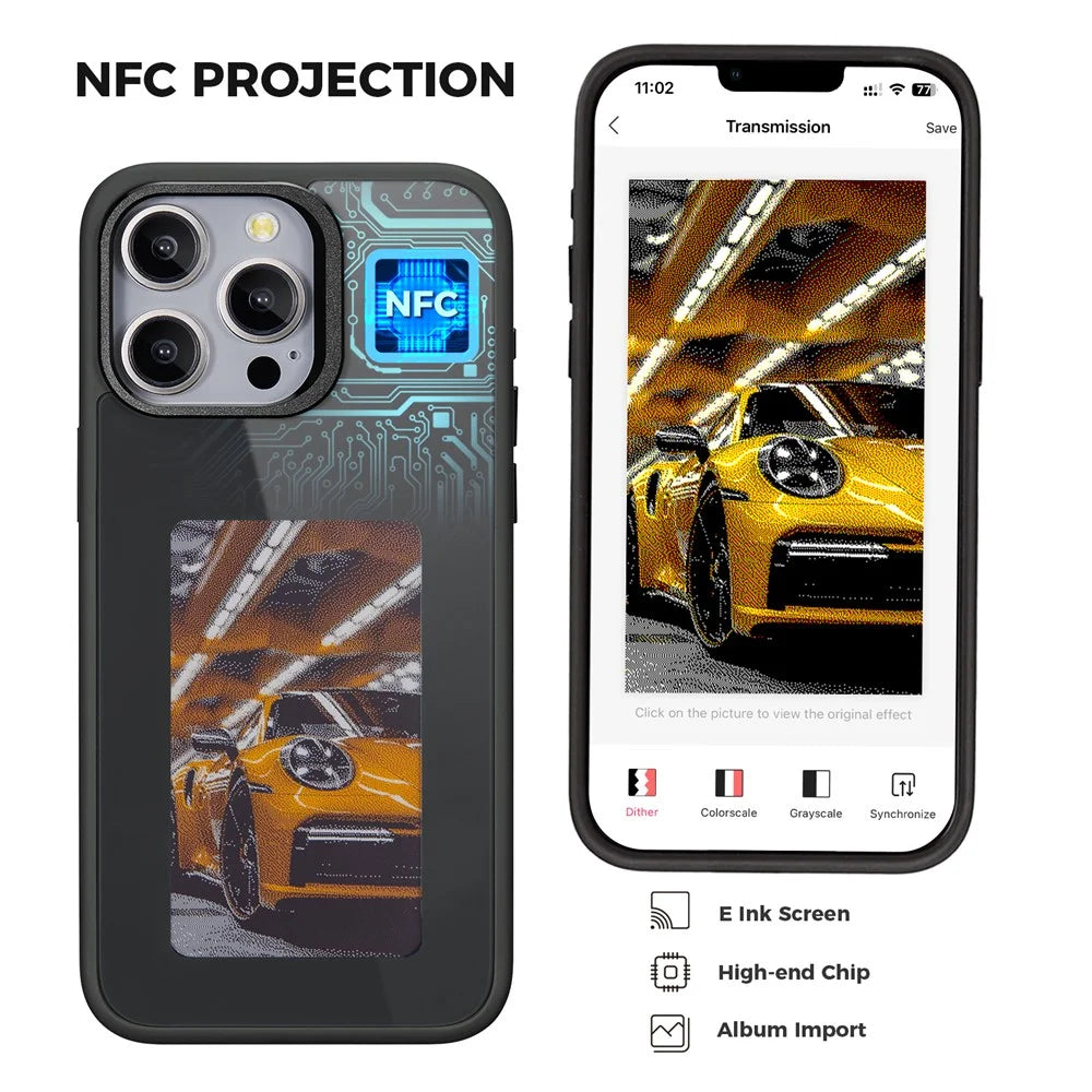For iPhone 13 Pro E Ink Cover 4-Color Display Phone Case NFC Projection Customized Pattern - Black - 3