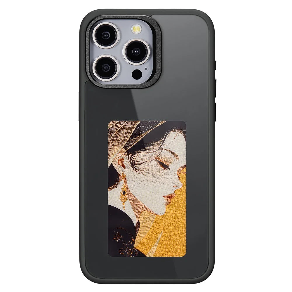 For iPhone 13 Pro E Ink Cover 4-Color Display Phone Case NFC Projection Customized Pattern - Black - 7