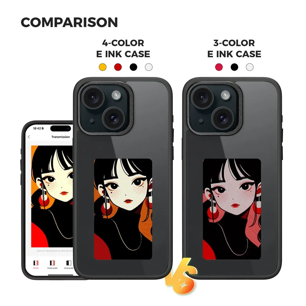 4 Color E Ink Phone Case for iPhone 15 Case Smart NFC DIY Display Imaging, Black / White / Red / Yellow - Black - 2