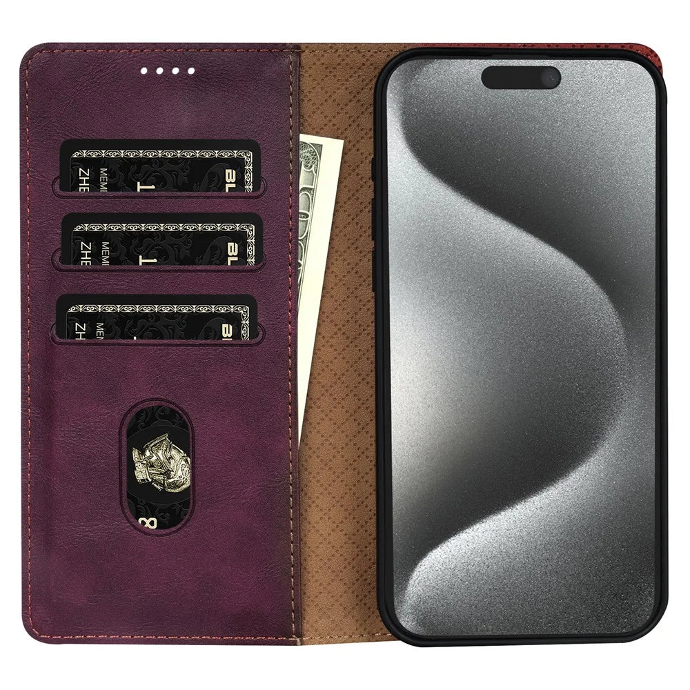 N.BEKUS CSJ-001 For iPhone 15 Case Solid Color Leather Phone Cover with 3 Card Holder - Wine Red - 2