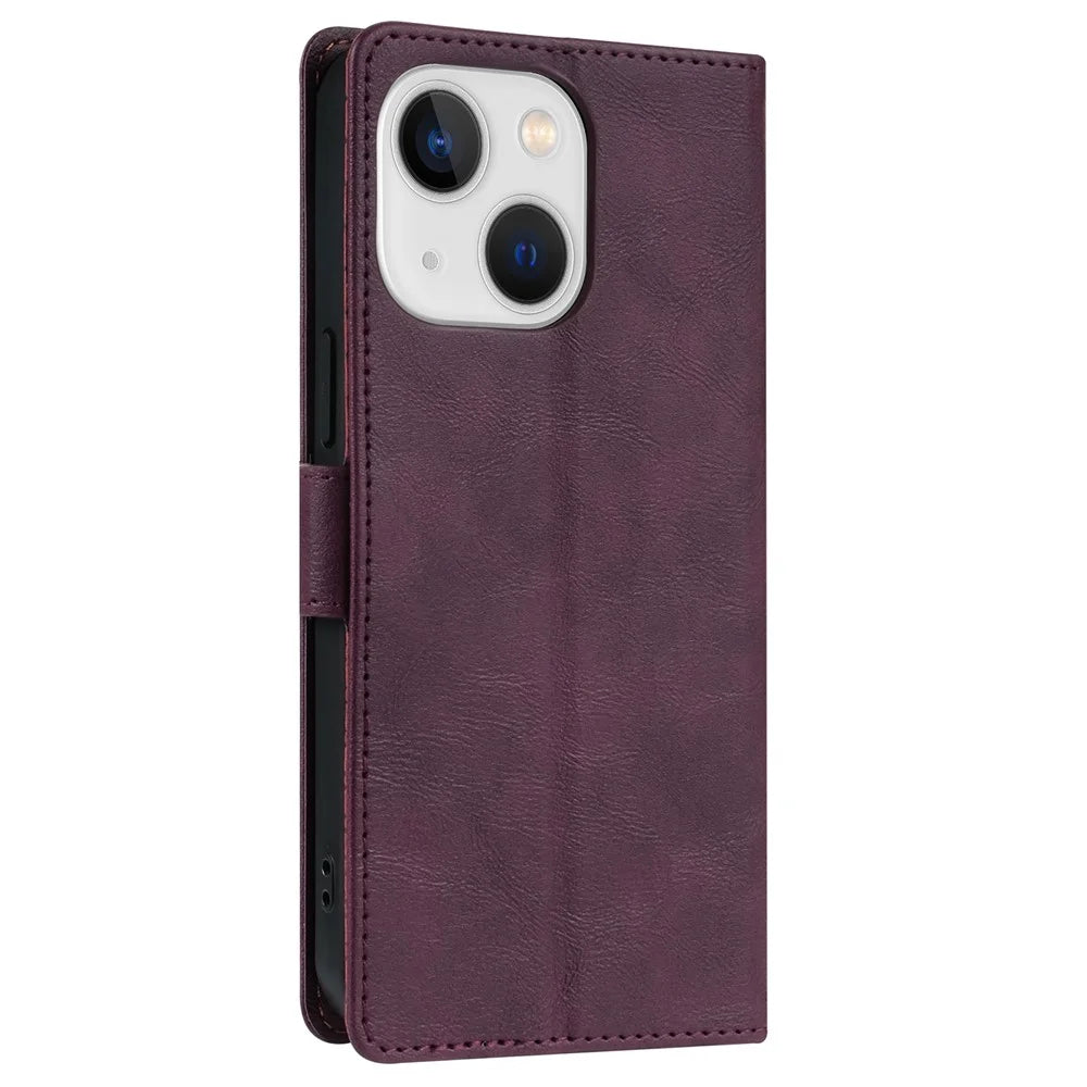 N.BEKUS CSJ-001 For iPhone 15 Case Solid Color Leather Phone Cover with 3 Card Holder - Wine Red - 5