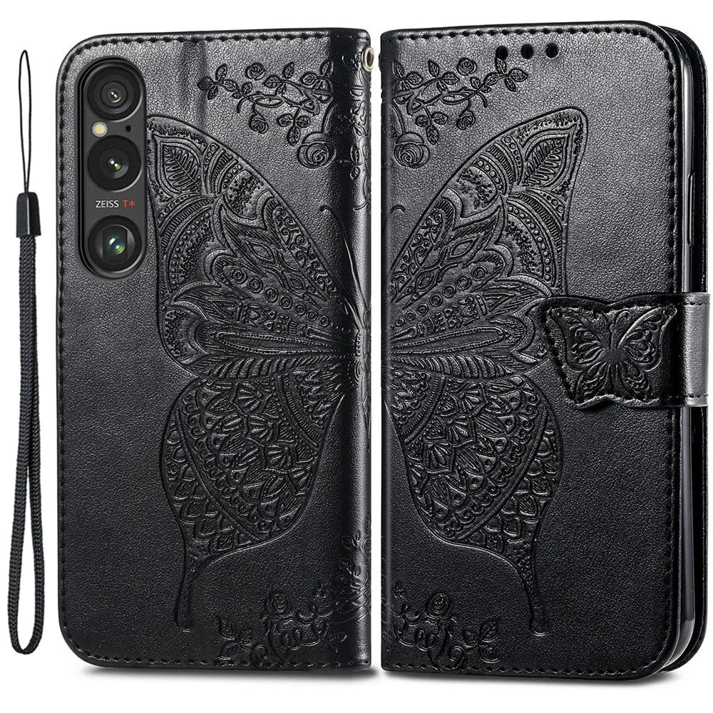 For Sony Xperia 1 VI Case Butterfly Pattern PU Leather Flip Phone Cover - Black - 1