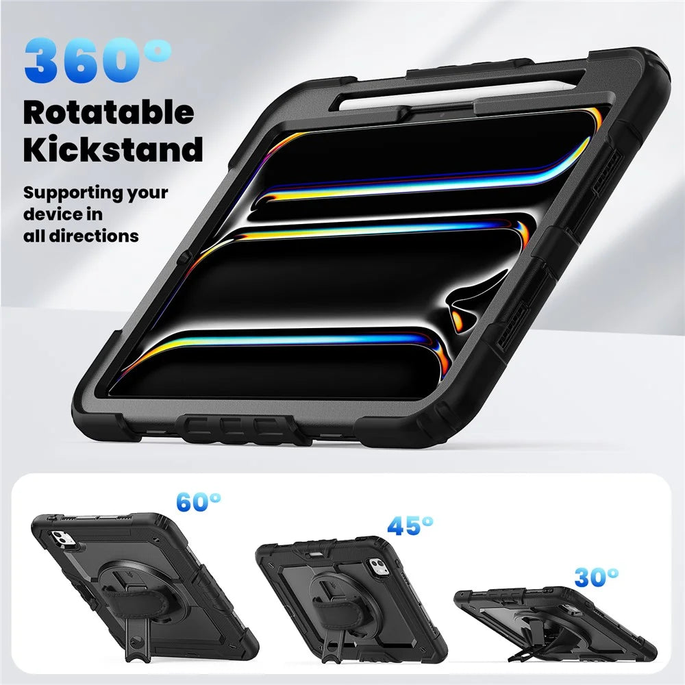 For iPad Pro 11 (2025) / 11 (2024) Case PC+Silicone Tablet Cover with Screen Protector Pencil Holder - Black - 2