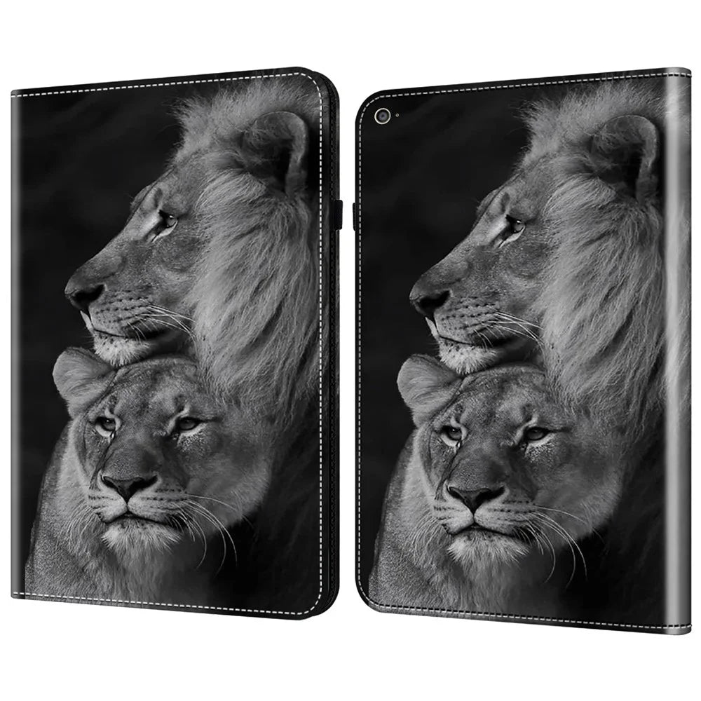 For iPad Air (2013) / Air 2 / iPad 9.7-inch (2017) / (2018) Case PU Leather Tablet Cover Pattern Viewing Stand - Couple Lions - 1