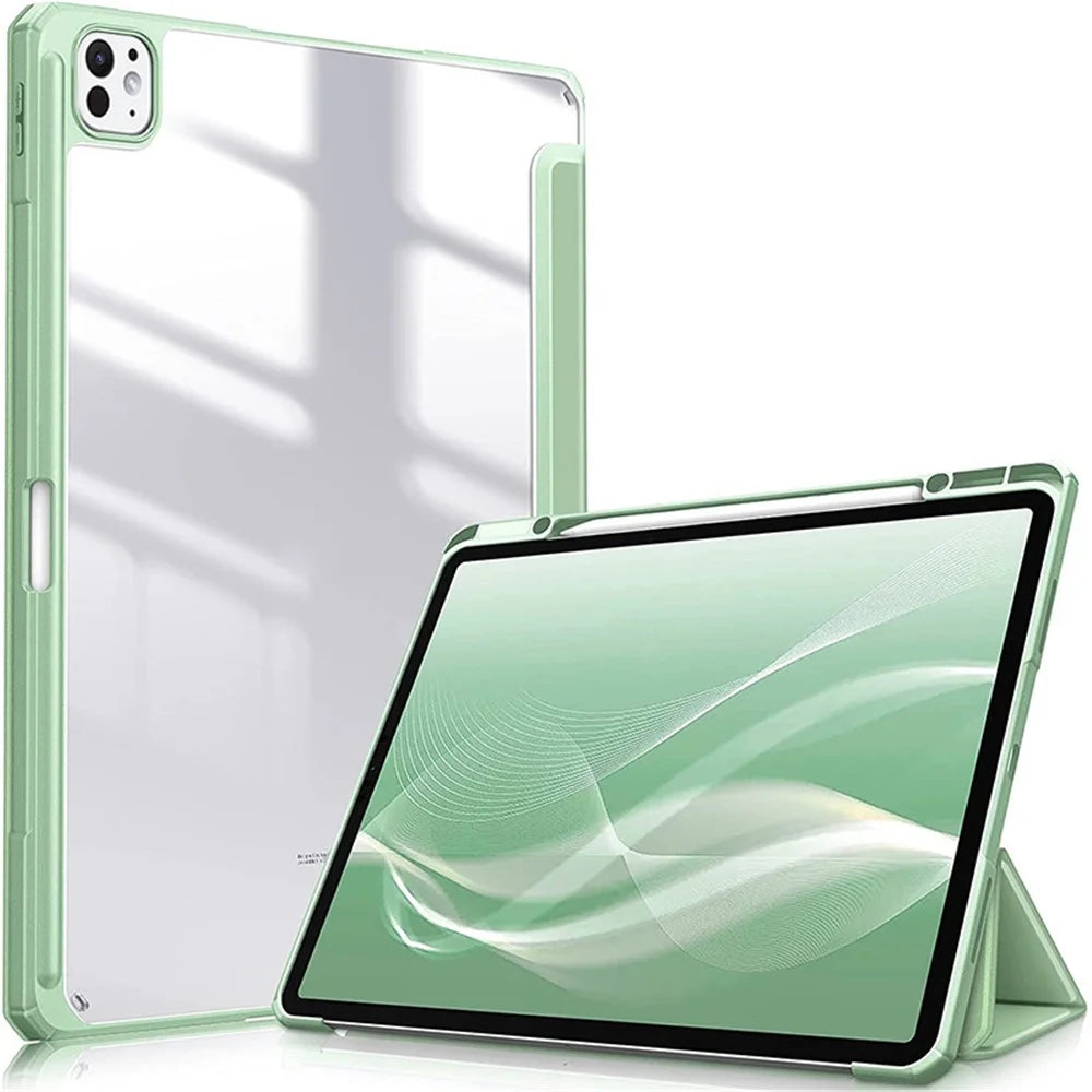 Bulk Purchasing For iPad Pro 13 (2025) / 13 (2024) Case with Pencil Holder Leather Tablet Cover Transparent Back - Matcha Green - 1