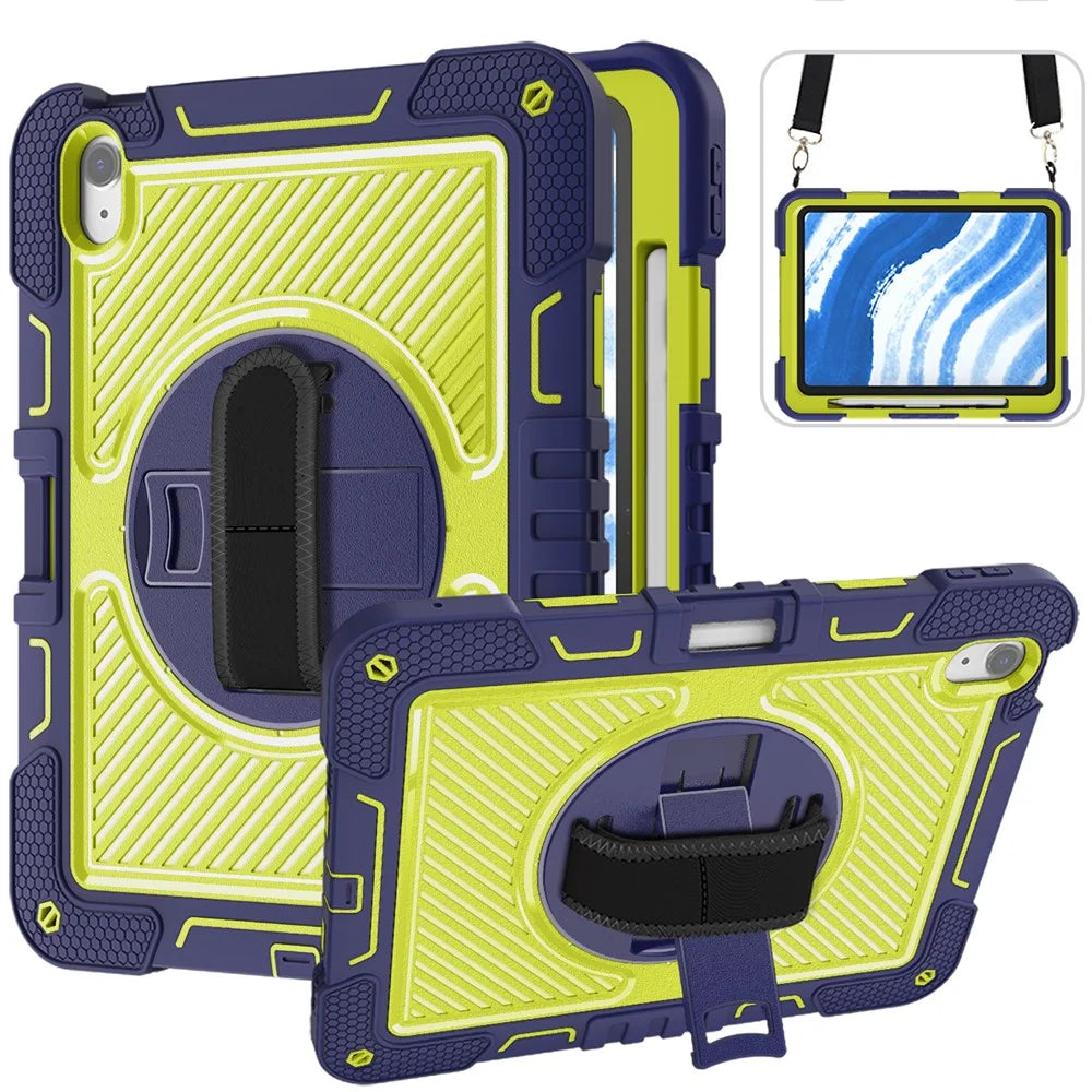 For iPad Air 11 (2026) / (2025) / (2024) Case Rotatable Kickstand Silicone + PC Tablet Cover with Shoulder Strap - Navy Blue+Green - 1