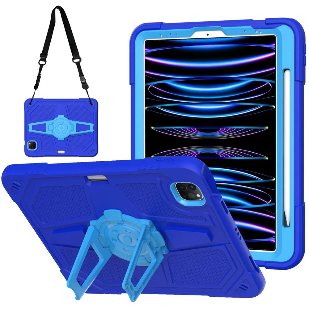For iPad Pro 11-inch (2018) / (2020) / (2021) / (2022) / Air (2020) / (2022) Case with Strap, PC + Silicone Kickstand Tablet Cover - Blue - 1