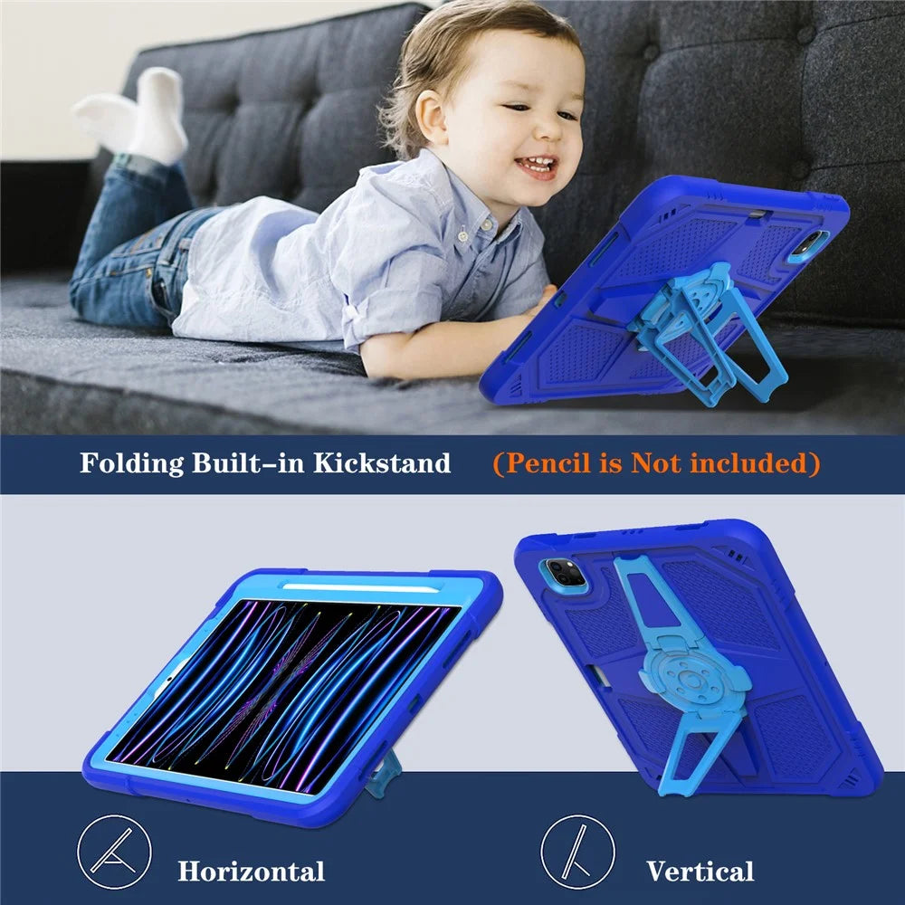 For iPad Pro 11-inch (2018) / (2020) / (2021) / (2022) / Air (2020) / (2022) Case with Strap, PC + Silicone Kickstand Tablet Cover - Blue - 4