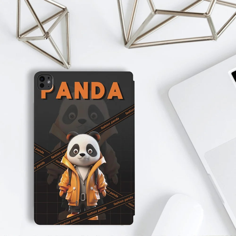 For iPad Pro 11 (2025) / 11 (2024) Case Panda Pattern PU Leather Tablet Cover with Folding Stand - Fashion Panda / Yellow Coat - 7