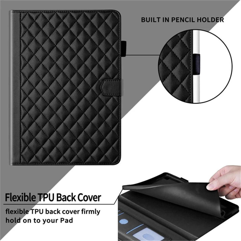 For iPad Pro 11 (2025) / 11 (2024) Case Rhombus Grid PU Leather Stand Tablet Cover with Card Slot - Black - 6