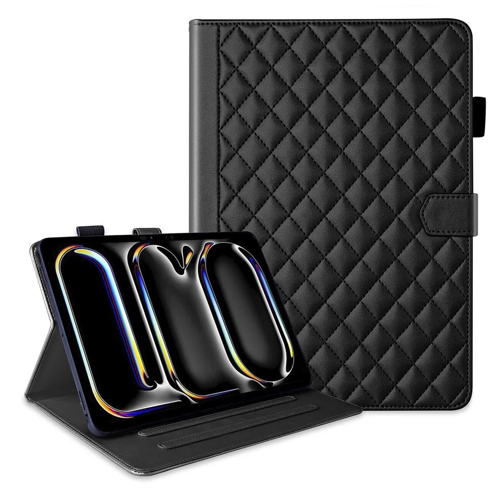 For iPad Pro 13 (2025) / 13 (2024) Case Card Holder Rhombus Grid PU Leather Stand Tablet Cover - Black - 1