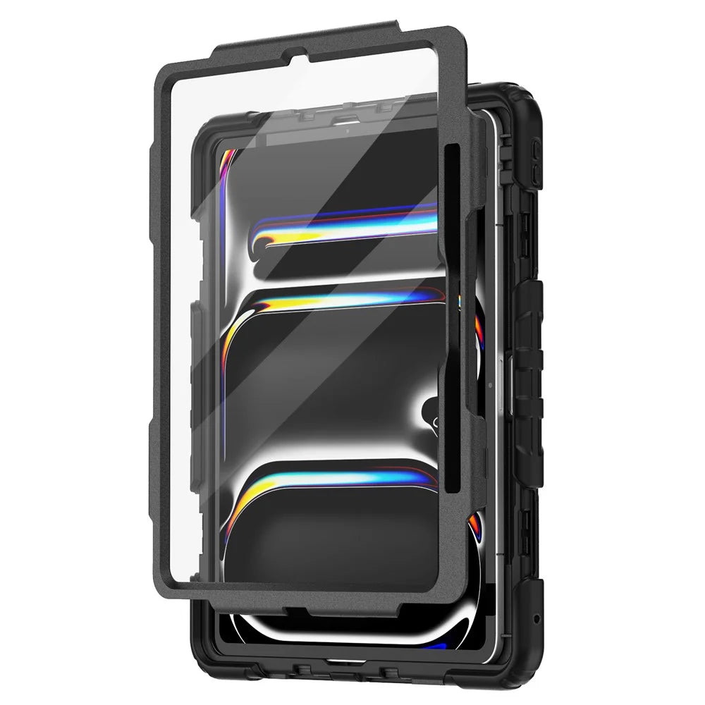 For iPad Pro 13 (2025) / 13 (2024) Kickstand Case PC+Silicone Tablet Cover with Screen Film / Shoulder Strap - Black - 2