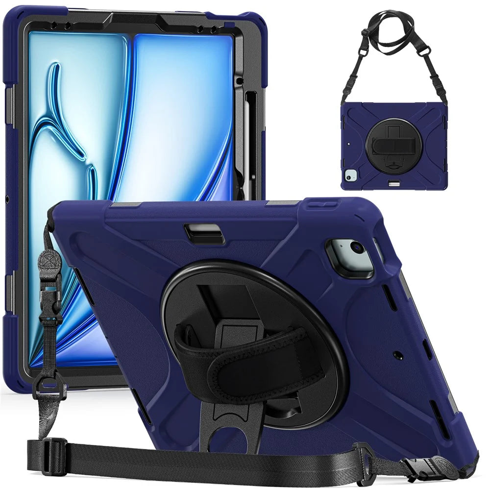For iPad Air 13 (2026) / (2025) / (2024) Kickstand Case TPU+PC+Silicone Tablet Cover with Shoulder Strap - Navy Blue - 1