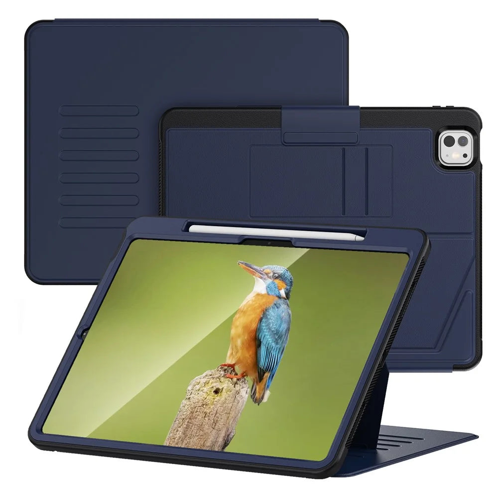 For iPad Pro 13 (2025) / 13 (2024) Shockproof Case PC+TPU+PU U-Shape Stand Tablet Cover with Card Slots - Navy Blue - 2