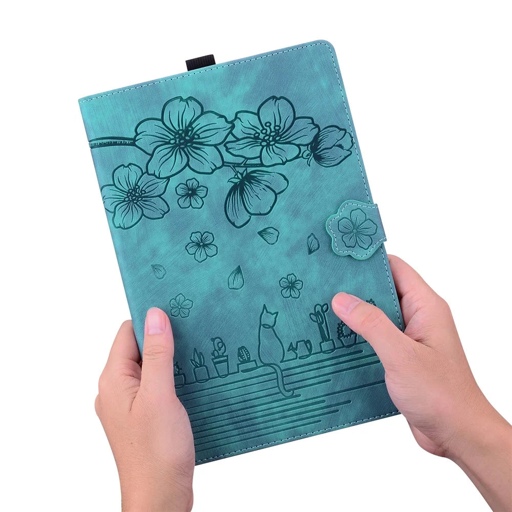 For Lenovo Tab M11 Plus / Tab K11 Plus Case Leather Stand Tablet Cover Flower Cat Card Slots - Green - 7