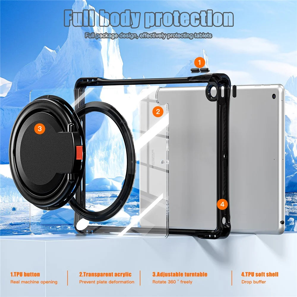 For iPad 10.2 (2021) / (2020) / (2019) Case Rotary Hand Grip Kickstand PC+TPU+Acrylic Tablet Cover - Black - 3