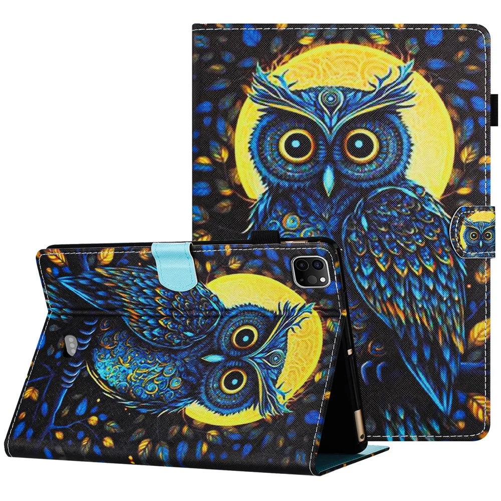 For iPad Pro 11 (2025) / 11 (2024) Case Pattern Portable Protective Folio Leather Tablet Cover Card Holder - Moonlight Owl - 1